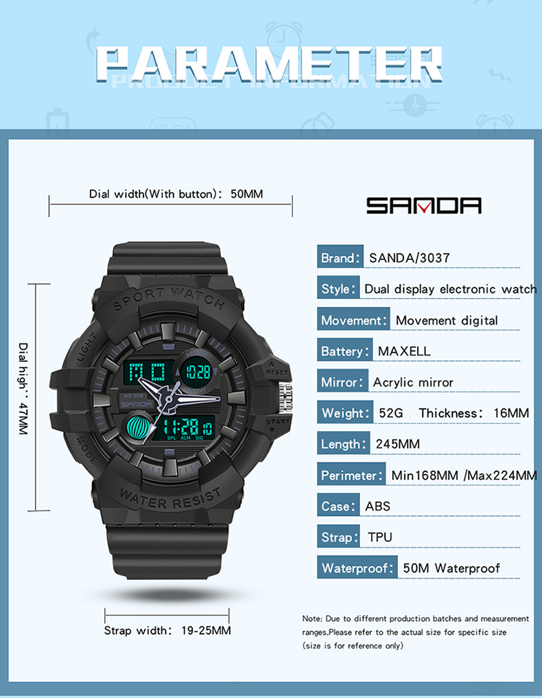 kích thước đồng hồ sanda thể thao 3037